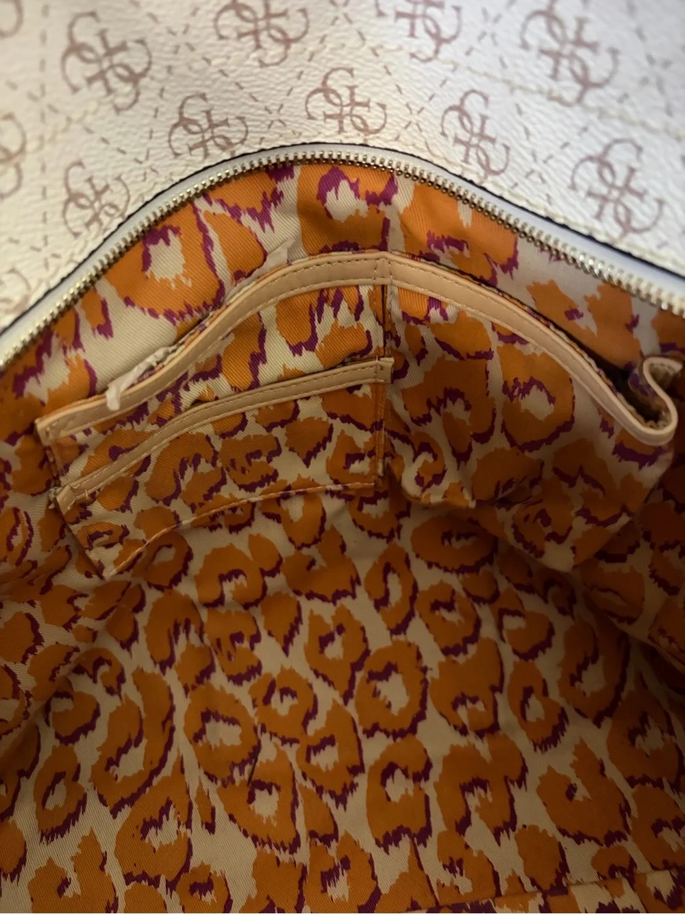GUESS Cream and Brown Logo-Print Tote